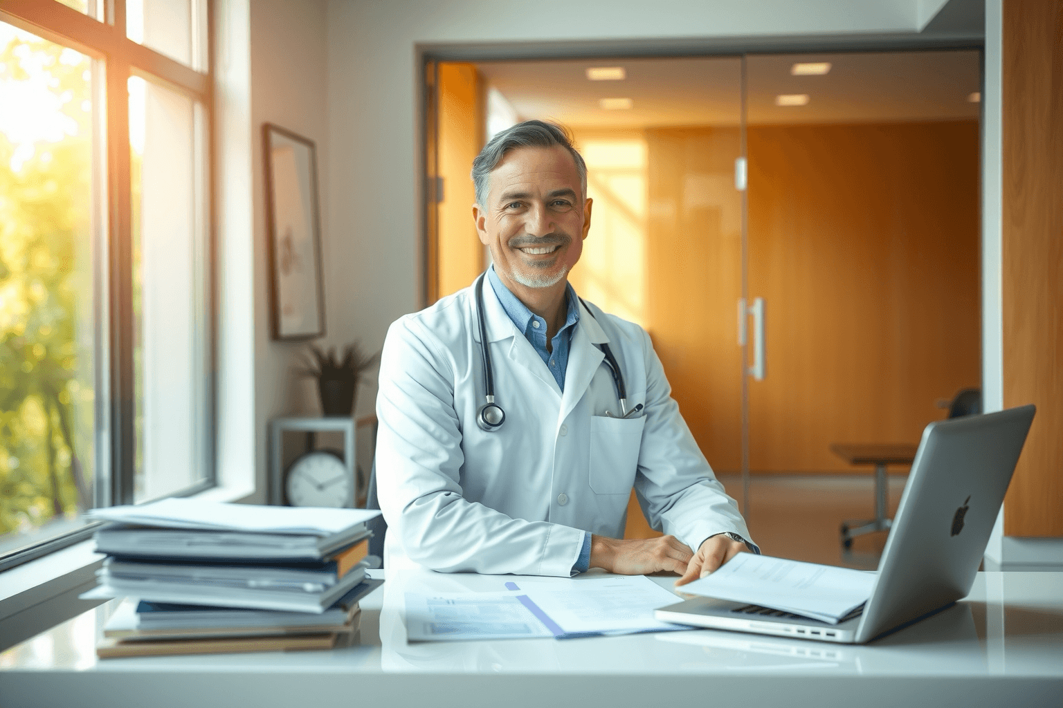 Physician at desk with organized documents and laptop