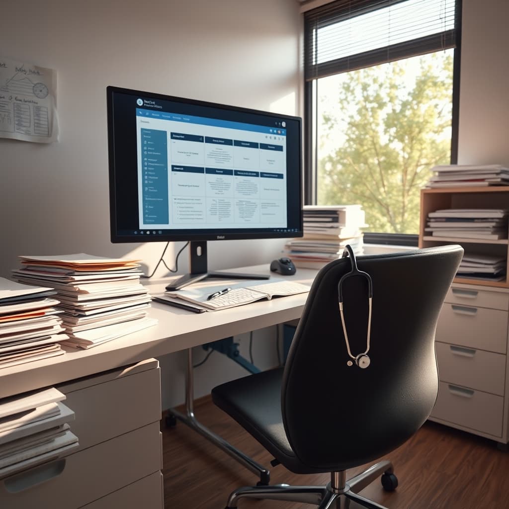 Doctor at desk reviewing medical records
