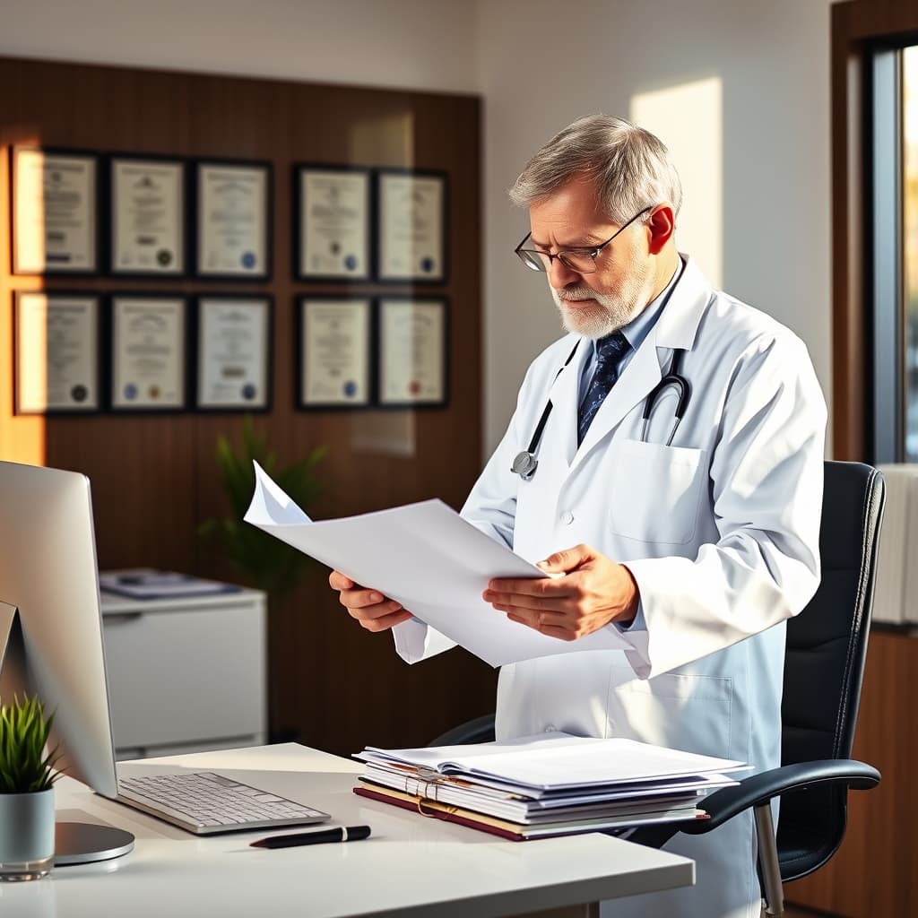 Medical professional reviewing documents